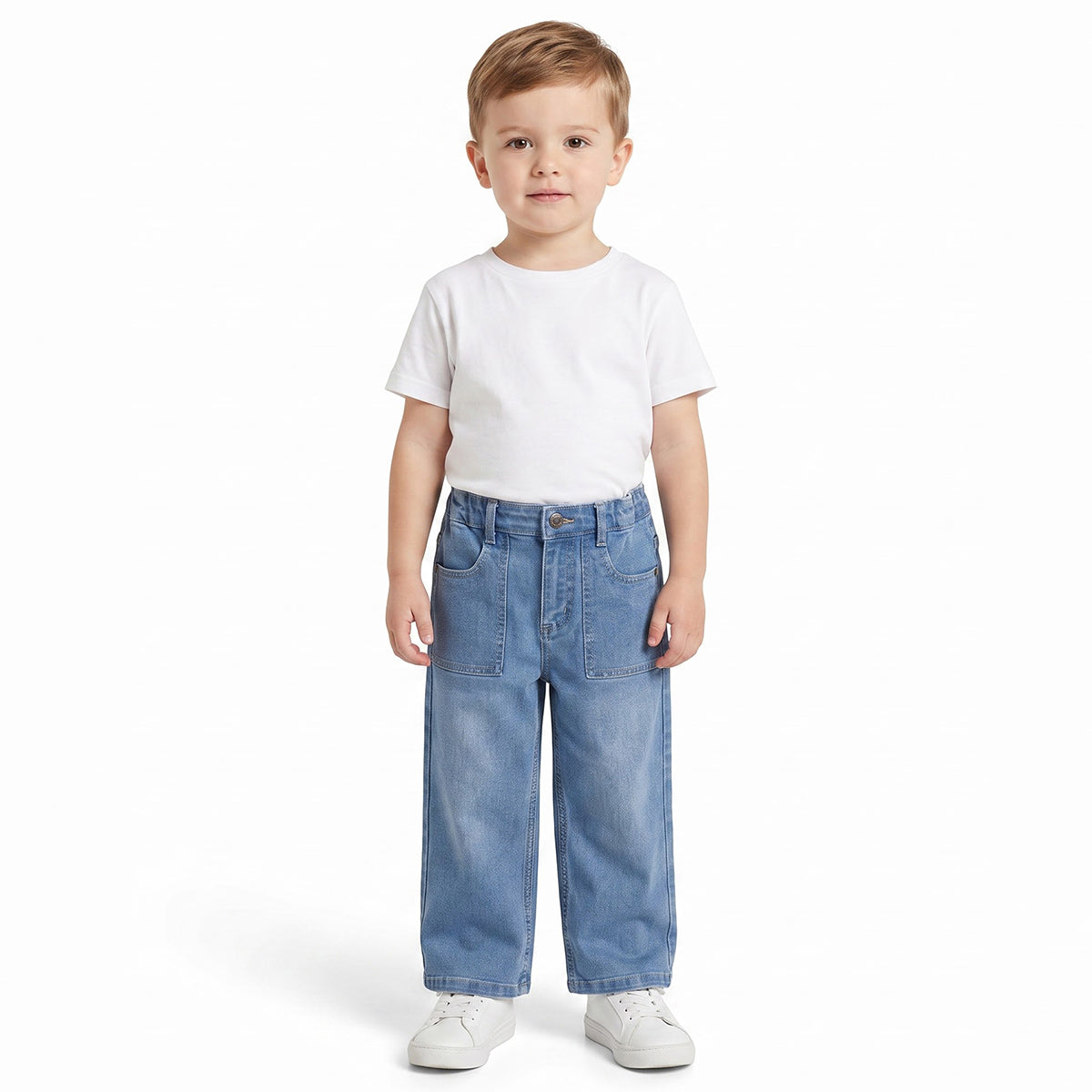 Boys Light Blue Cotton Blend Wide Leg Denim Pant Relaxed Fit