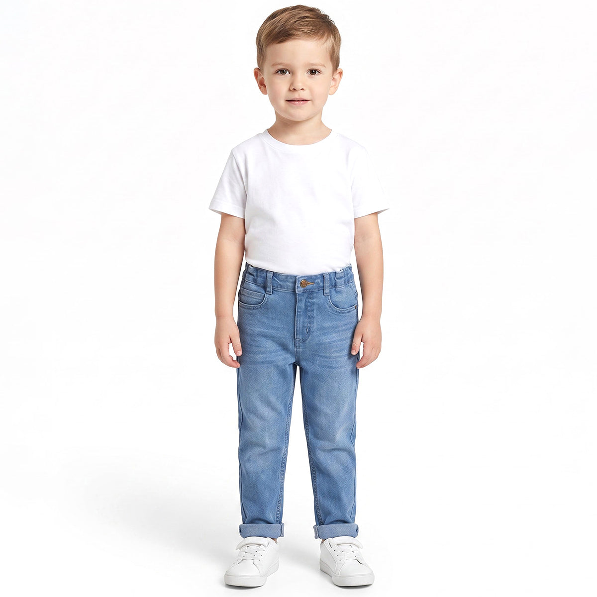 Boys Light Blue Cotton Blend Washed Denim Pant Regular Fit Casual Wear