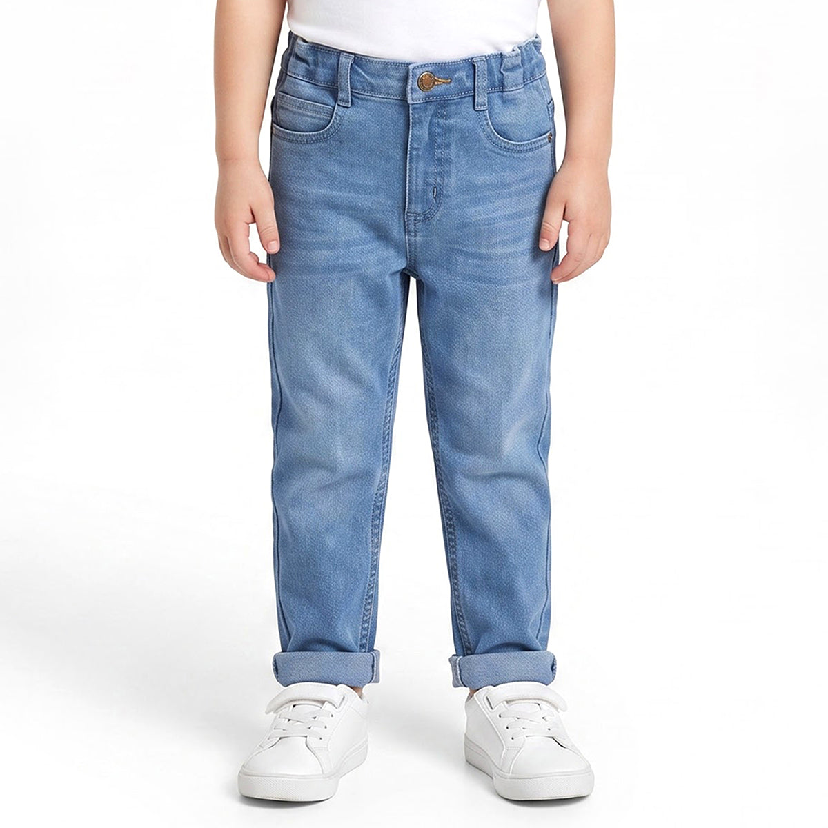 Boys Light Blue Cotton Blend Washed Denim Pant Regular Fit Casual Wear