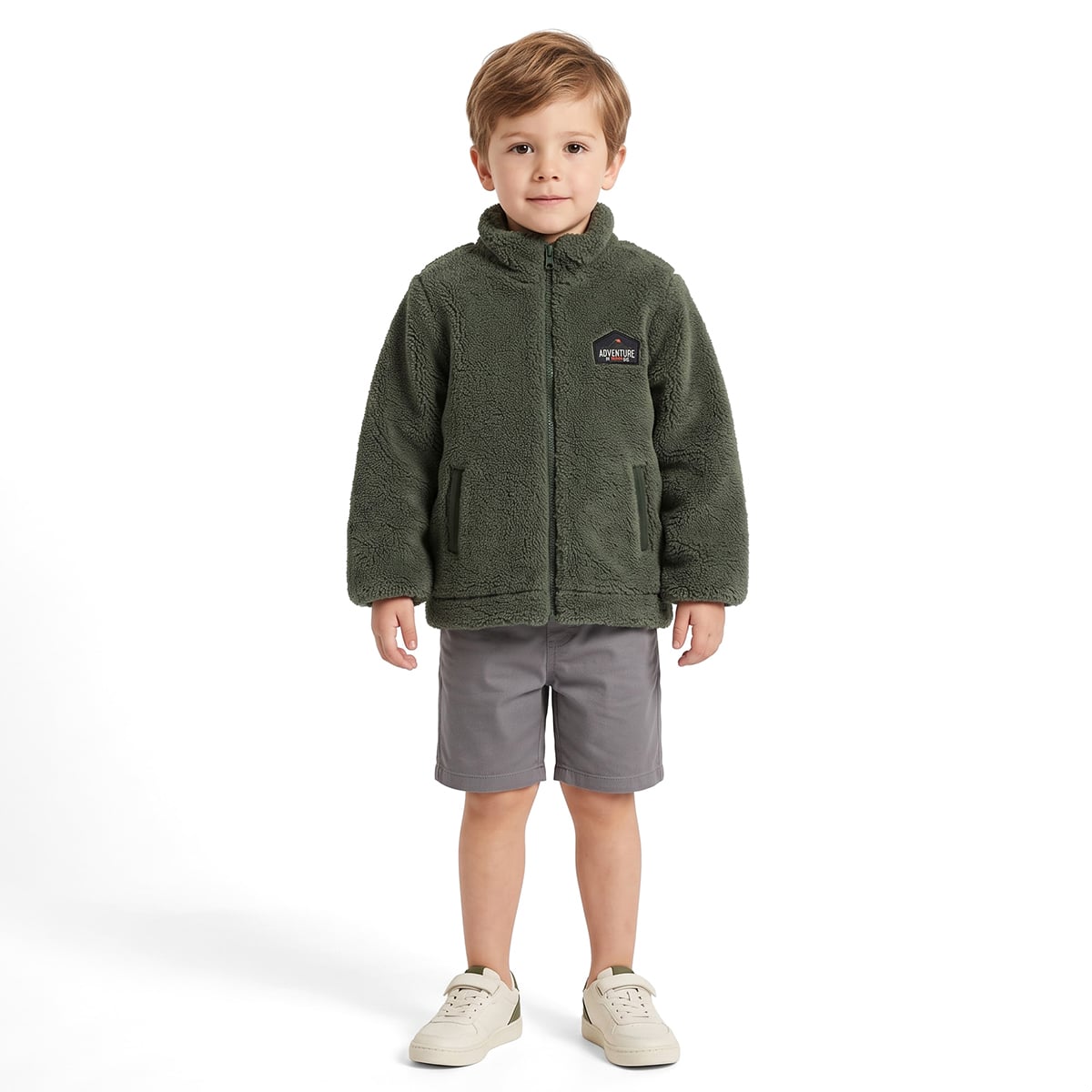 Boys Olive Green Polyester Fleece Jacket Regular Winter Wear