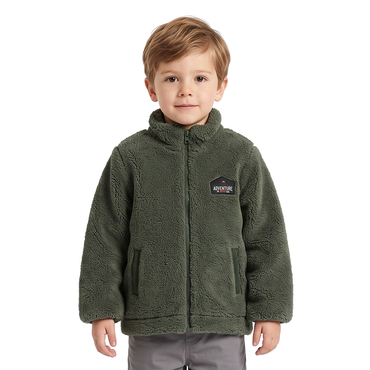 Boys Olive Green Polyester Fleece Jacket Regular Winter Wear