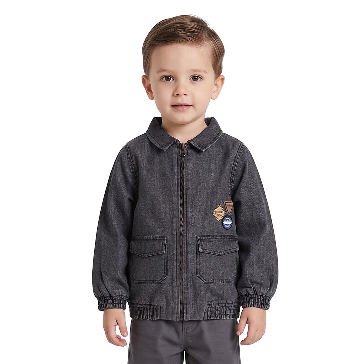 Boys Black Cotton Denim Jacket Regular Fit Casual Wear