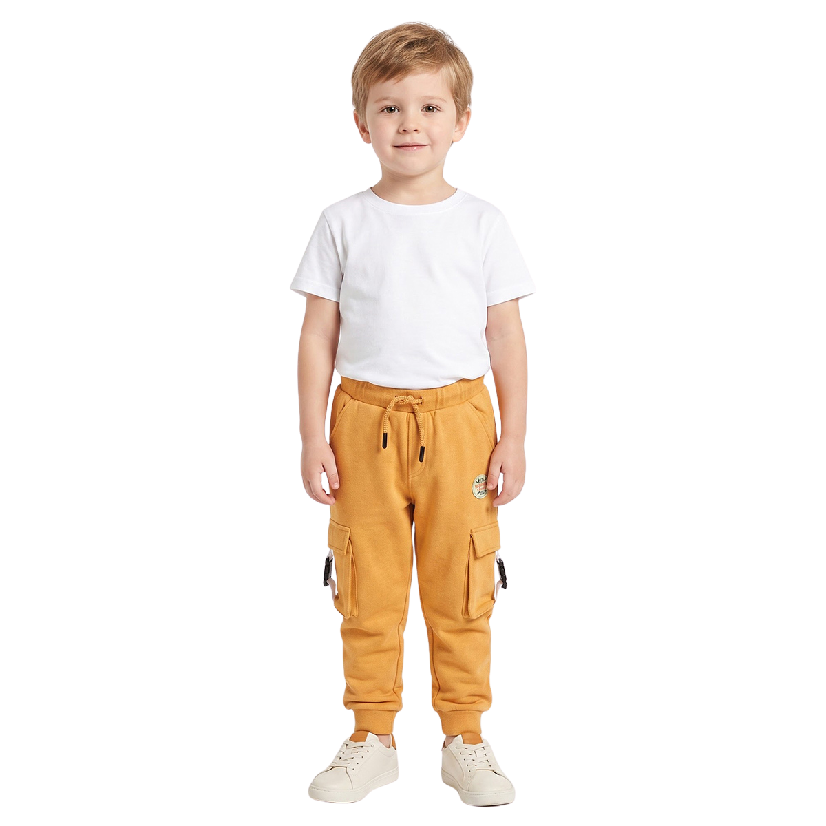 Baby Boys Mustard Cotton Blend Cargo Jogger Pants with Badge Detail