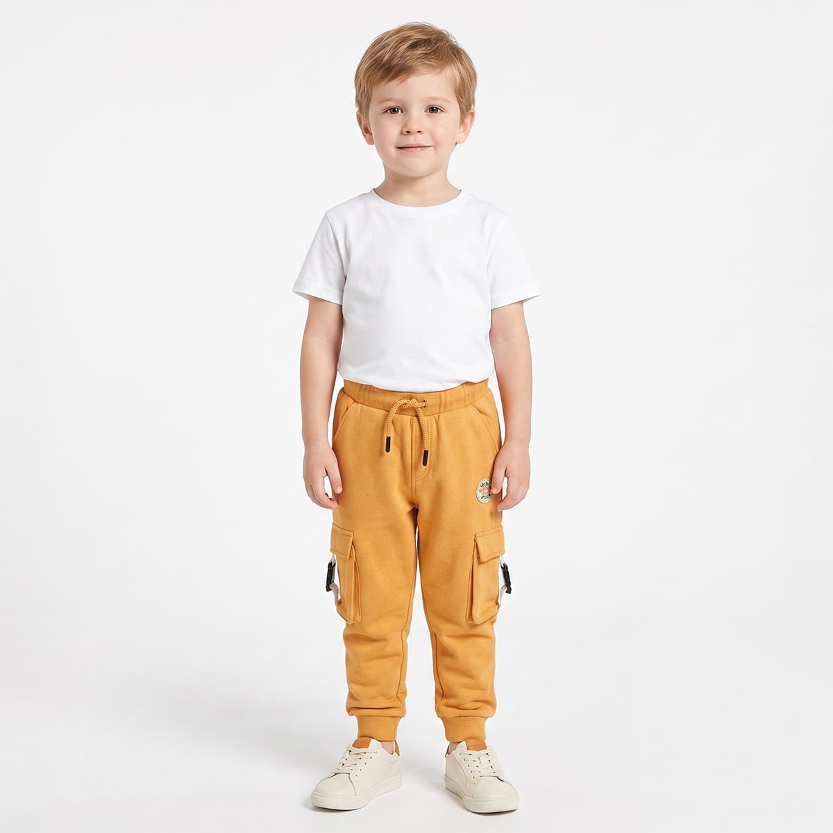 Baby Boys Mustard Cotton Blend Cargo Jogger Pants with Badge Detail Regular Fit Casual Wear
