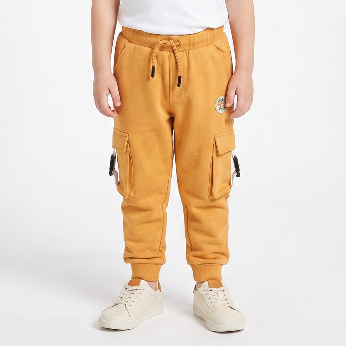 Baby Boys Mustard Cotton Blend Cargo Jogger Pants with Badge Detail Regular Fit Casual Wear
