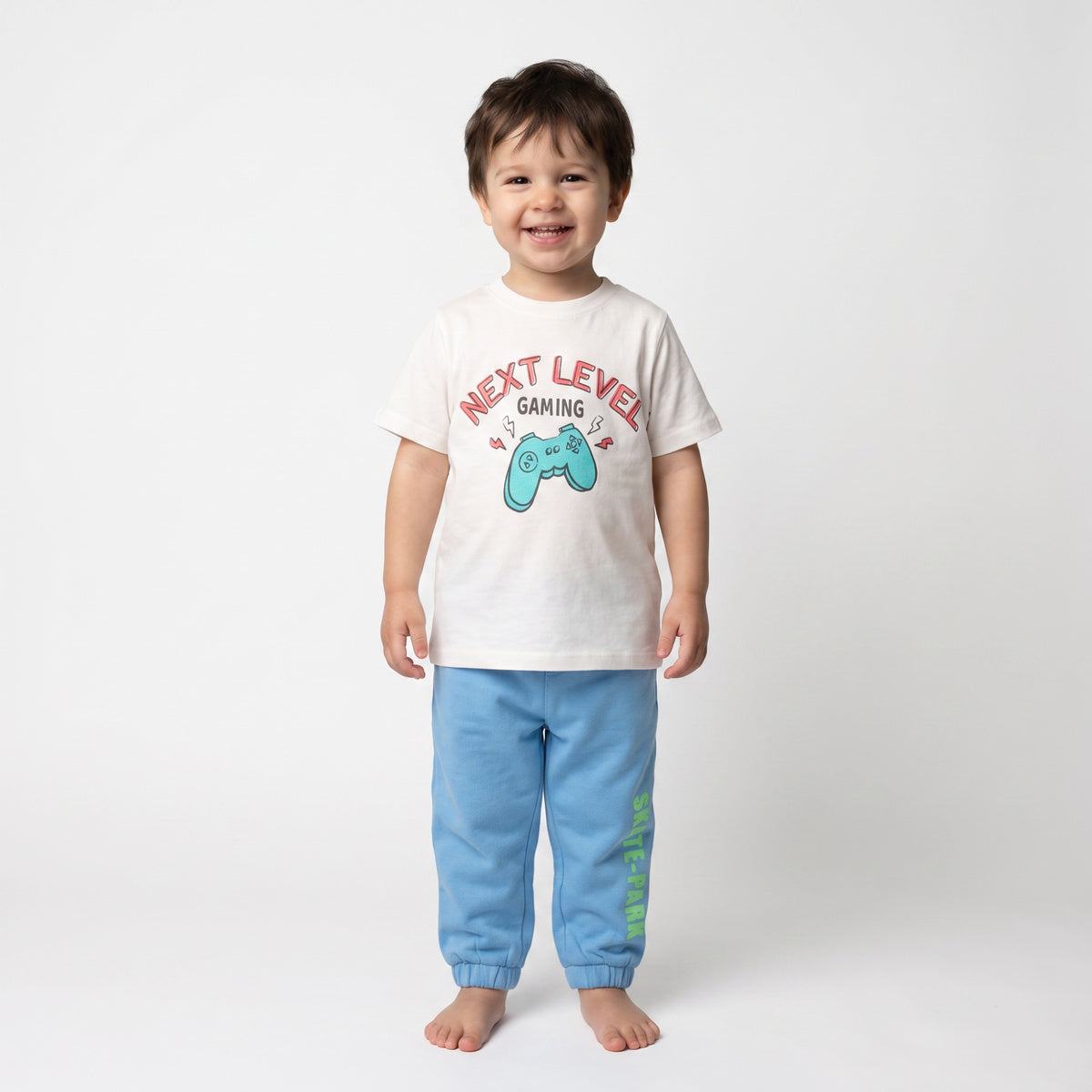 Boys Sky Blue Cotton Skate Print Jogger Pants Regular Fit Casual Kids Bottoms