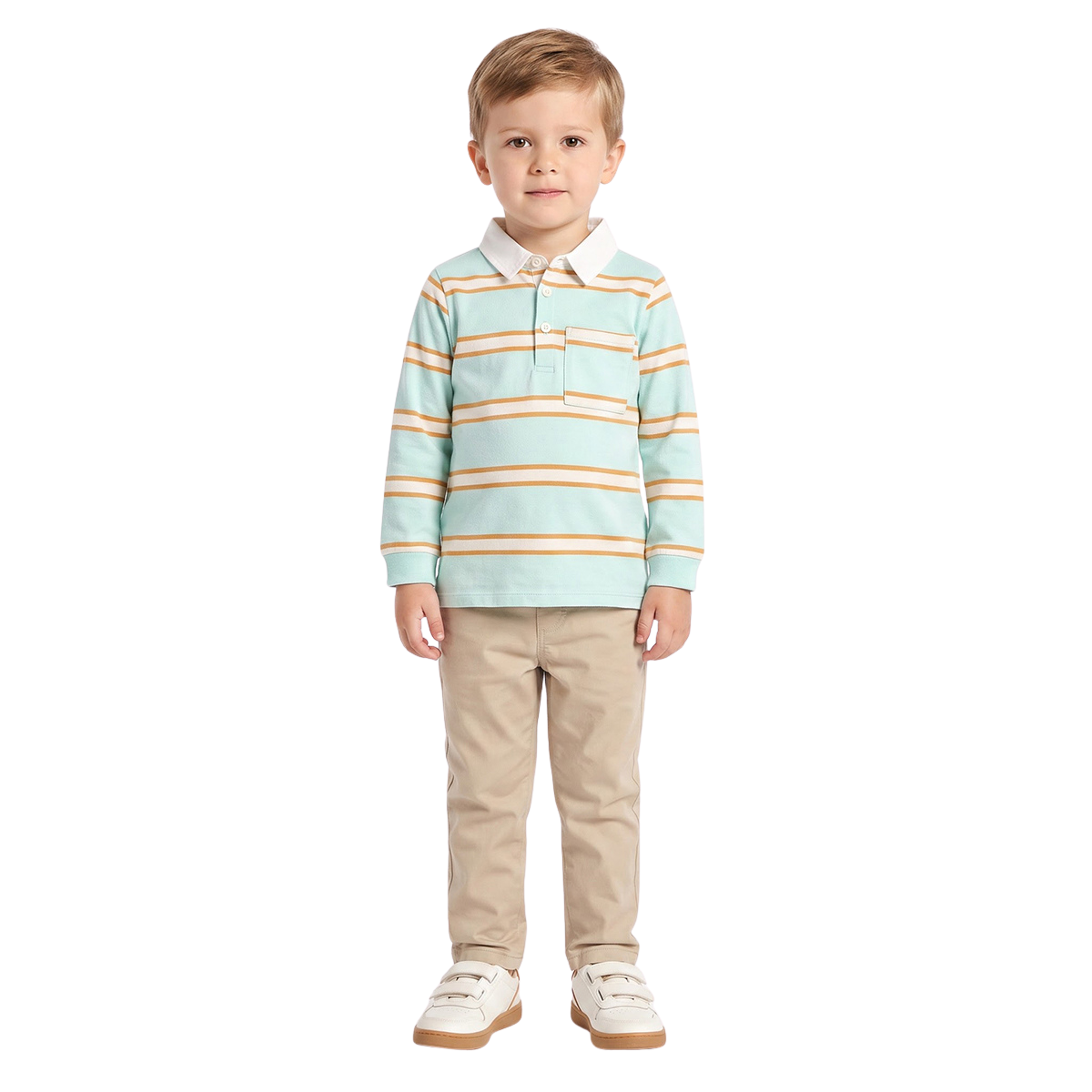 Baby Boys Mint Green White and Orange Cotton Blend Striped Polo T
