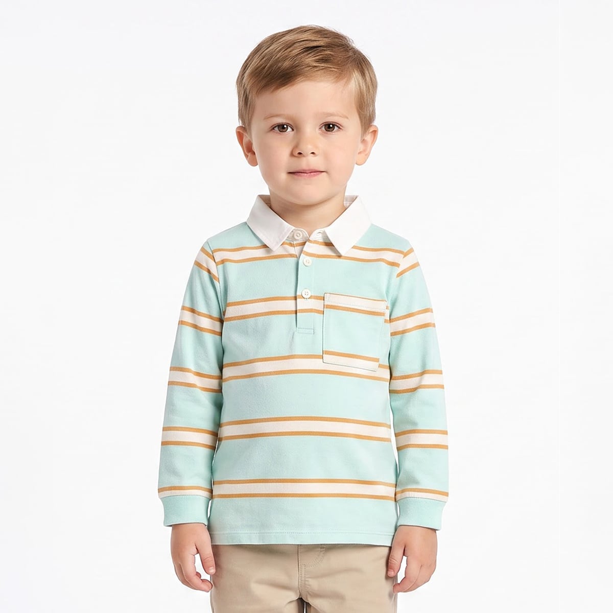 Baby Boys Mint Green White and Orange Cotton Blend Striped Polo T
