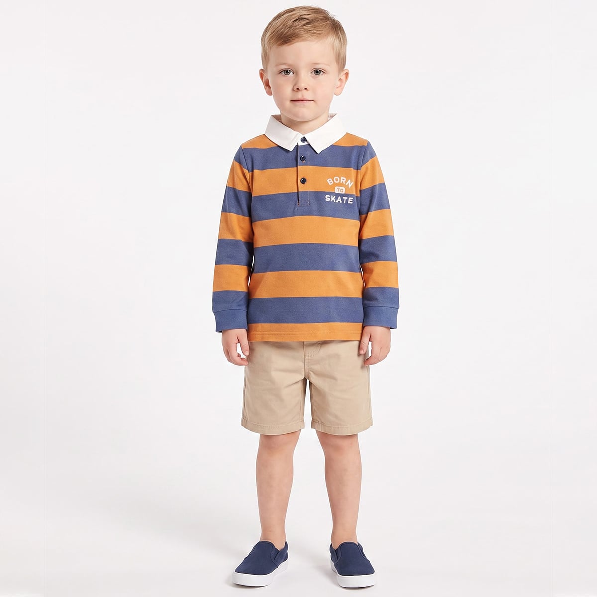 Baby Boys Orange Navy Blue and White Striped Embroidered Polo T Shirt