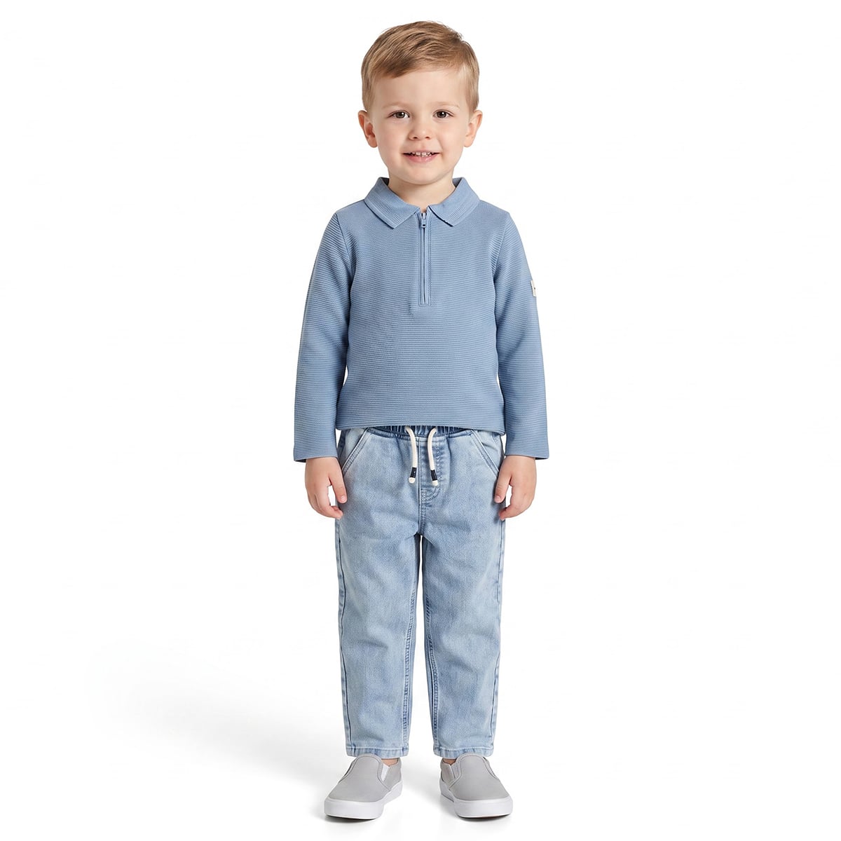 Baby Boys Blue Cotton Blend Textured Zip Polo T-Shirt Regular Fit Casual Wear