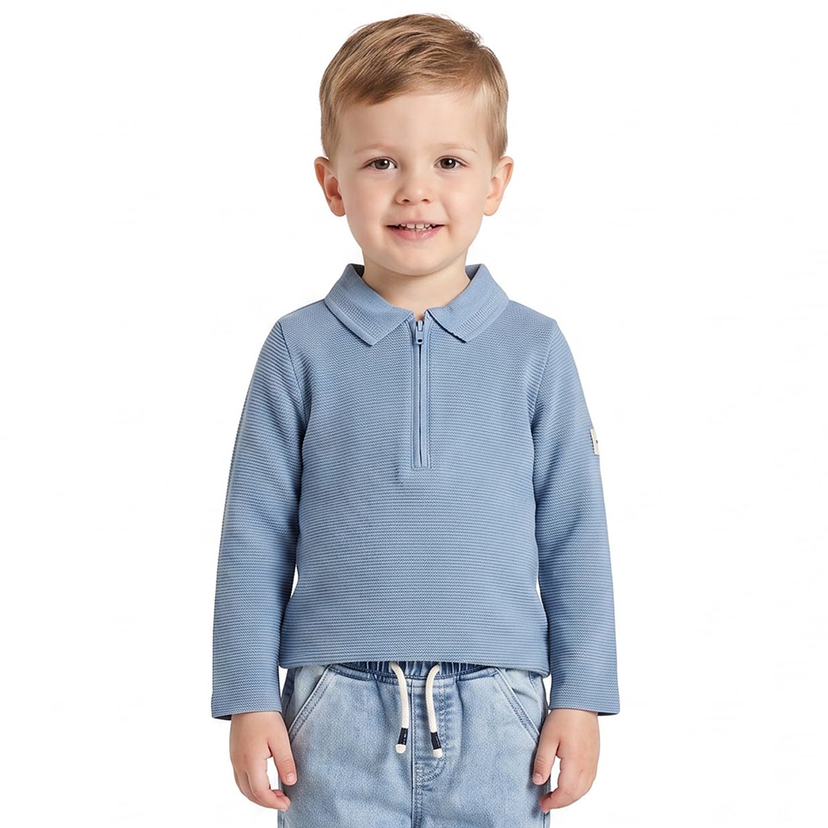 Baby Boys Blue Cotton Blend Textured Zip Polo T-Shirt Regular Fit Casual Wear