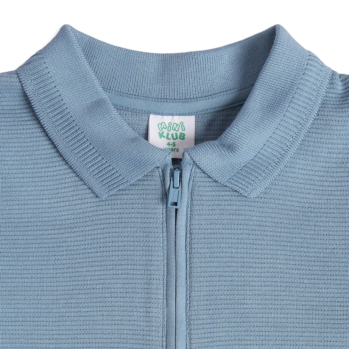 Baby Boys Blue Cotton Blend Textured Zip Polo T-Shirt Regular Fit Casual Wear