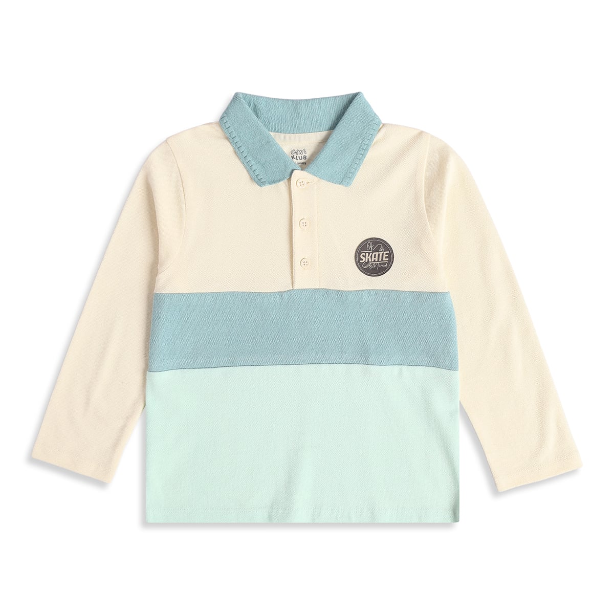 Baby Boys Off-White and Blue Cotton Blend Colourblock Applique Polo T-Shirt Regular Fit Casual Wear
