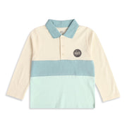 Baby Boys Off-White and Blue Cotton Blend Colourblock Applique Polo T-Shirt Regular Fit Casual Wear