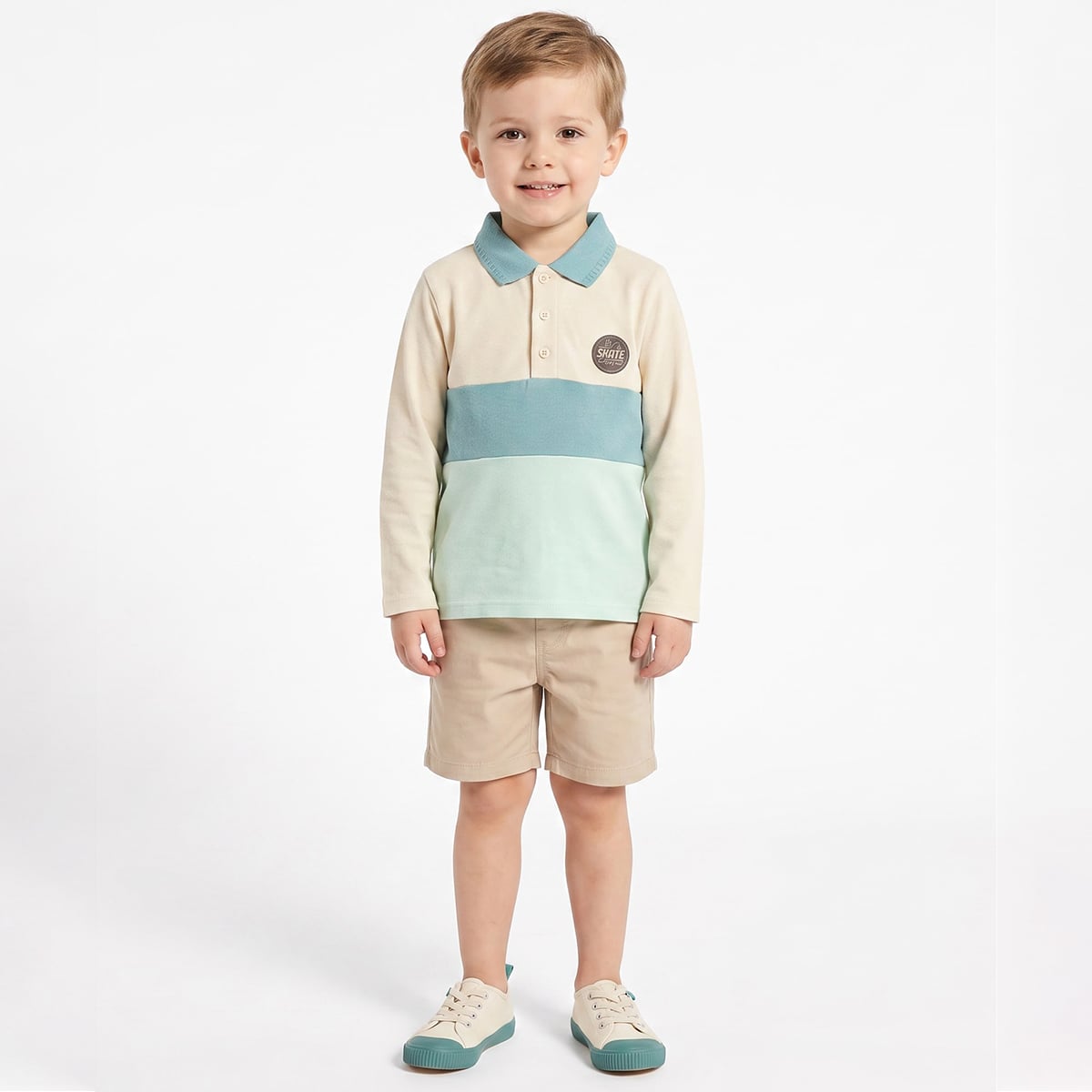 Baby Boys Off-White and Blue Cotton Blend Colourblock Applique Polo T-Shirt Regular Fit Casual Wear