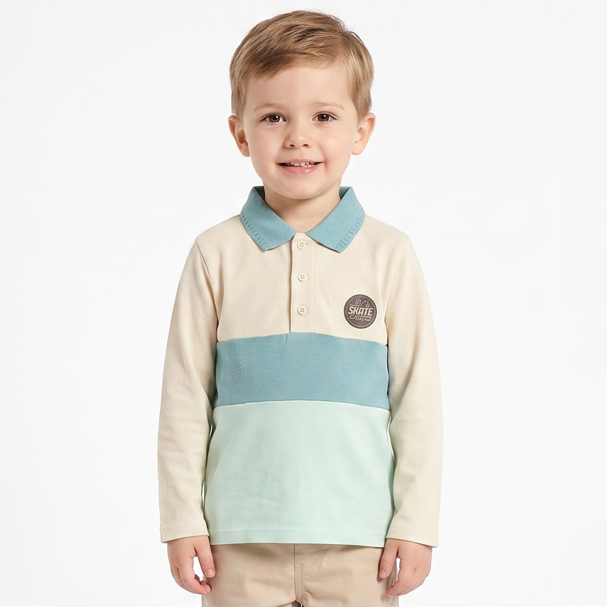 Baby Boys Off-White and Blue Cotton Blend Colourblock Applique Polo T-Shirt Regular Fit Casual Wear