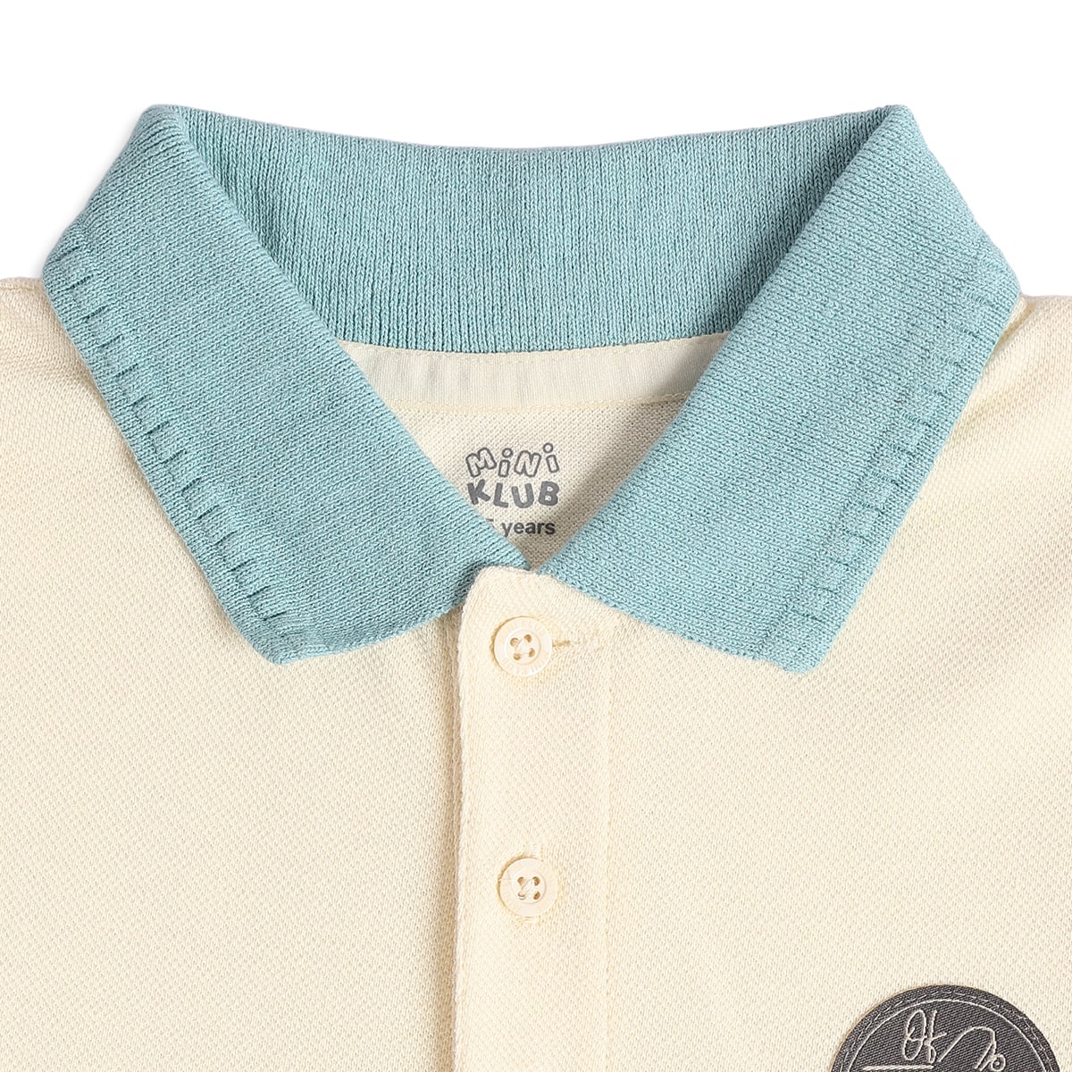 Baby Boys Off-White and Blue Cotton Blend Colourblock Applique Polo T-Shirt Regular Fit Casual Wear