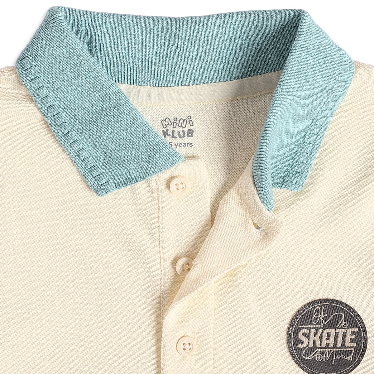Baby Boys Off-White and Blue Cotton Blend Colourblock Applique Polo T-Shirt Regular Fit Casual Wear
