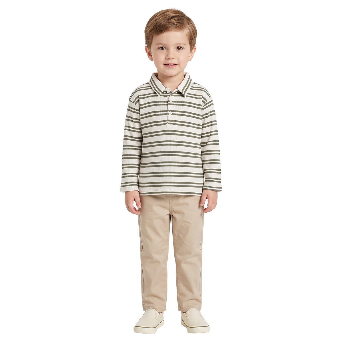 Boys Cream Cotton Striped Polo T-Shirt Regular Fit Casual Wear