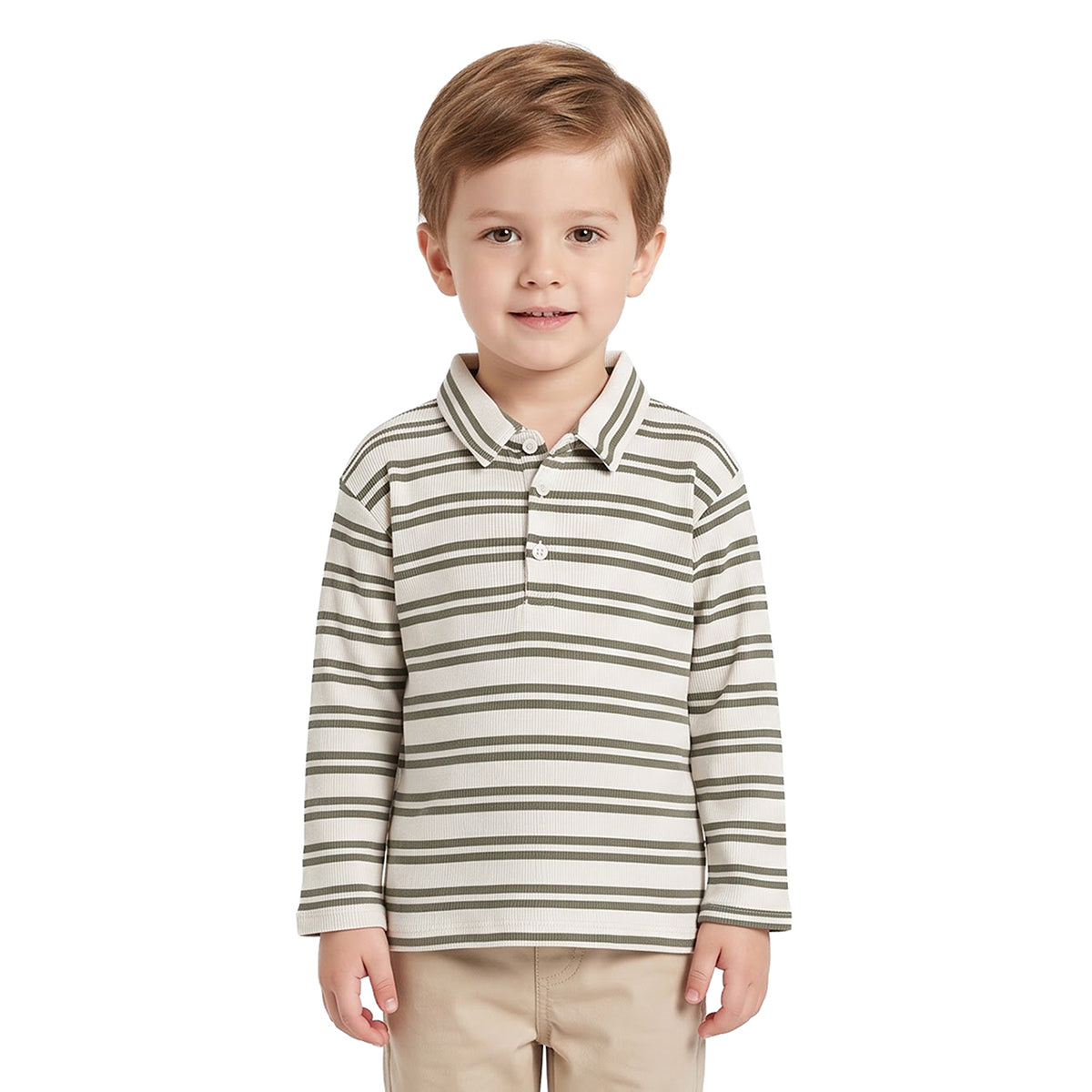 Boys Cream Cotton Striped Polo T-Shirt Regular Fit Casual Wear