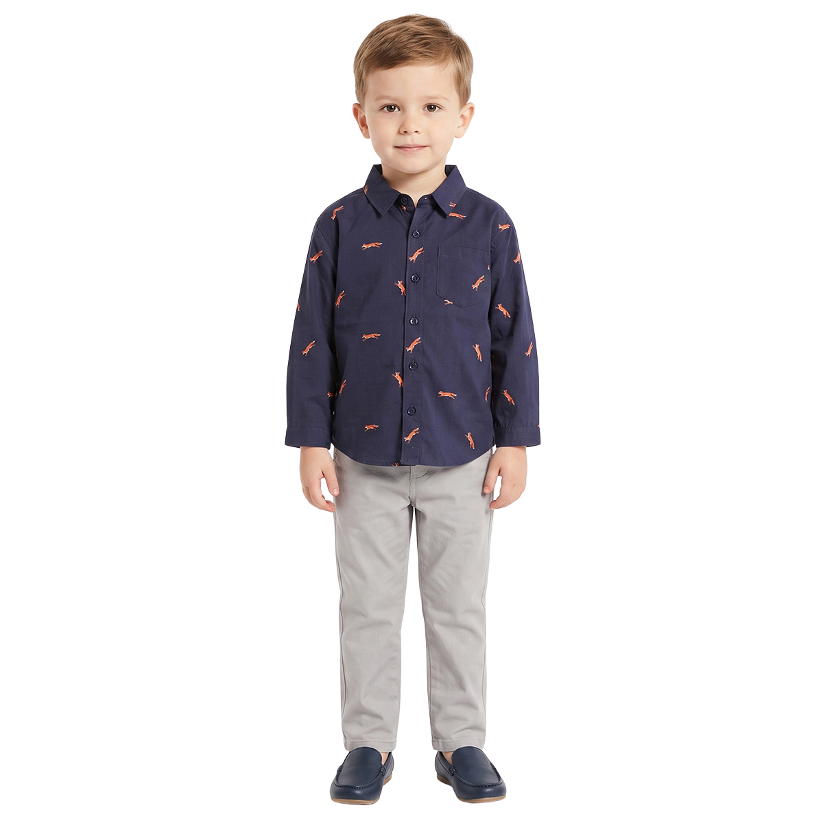 Baby Boys Navy Blue Cotton Fox Printed Shirt Regular Fit Casual Wear