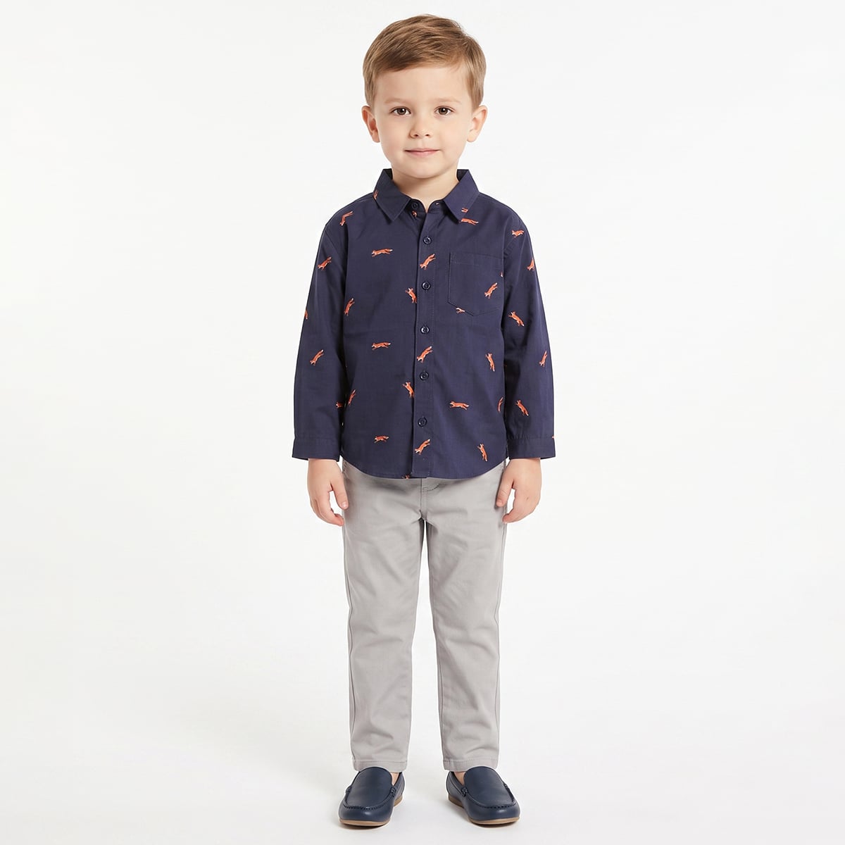 Baby Boys Navy Blue Cotton Fox Printed Shirt Regular Fit Casual Wear