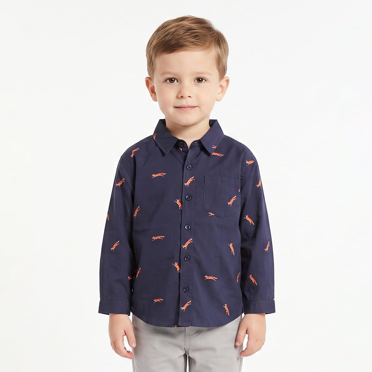 Baby Boys Navy Blue Cotton Fox Printed Shirt Regular Fit Casual Wear