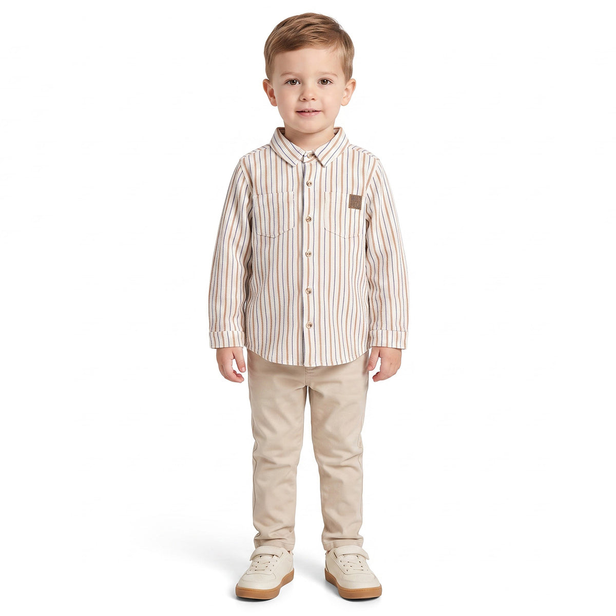 Boys Off White Brown and Blue Cotton Striped Shirt Regular Fit Casual Kids Shirt