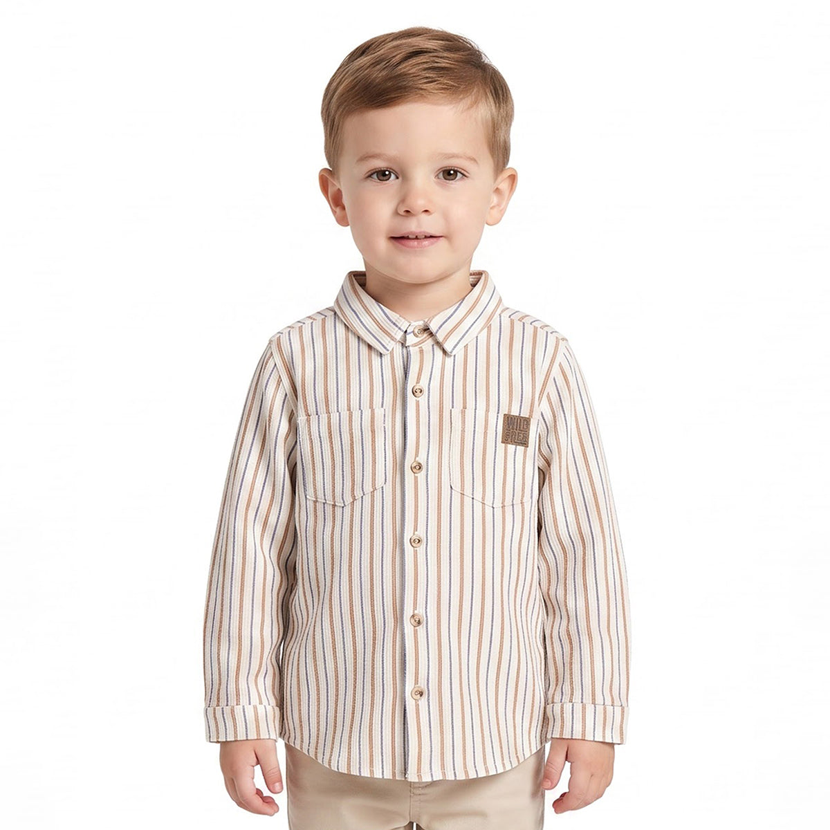 Boys Off White Brown and Blue Cotton Striped Shirt Regular Fit Casual Kids Shirt