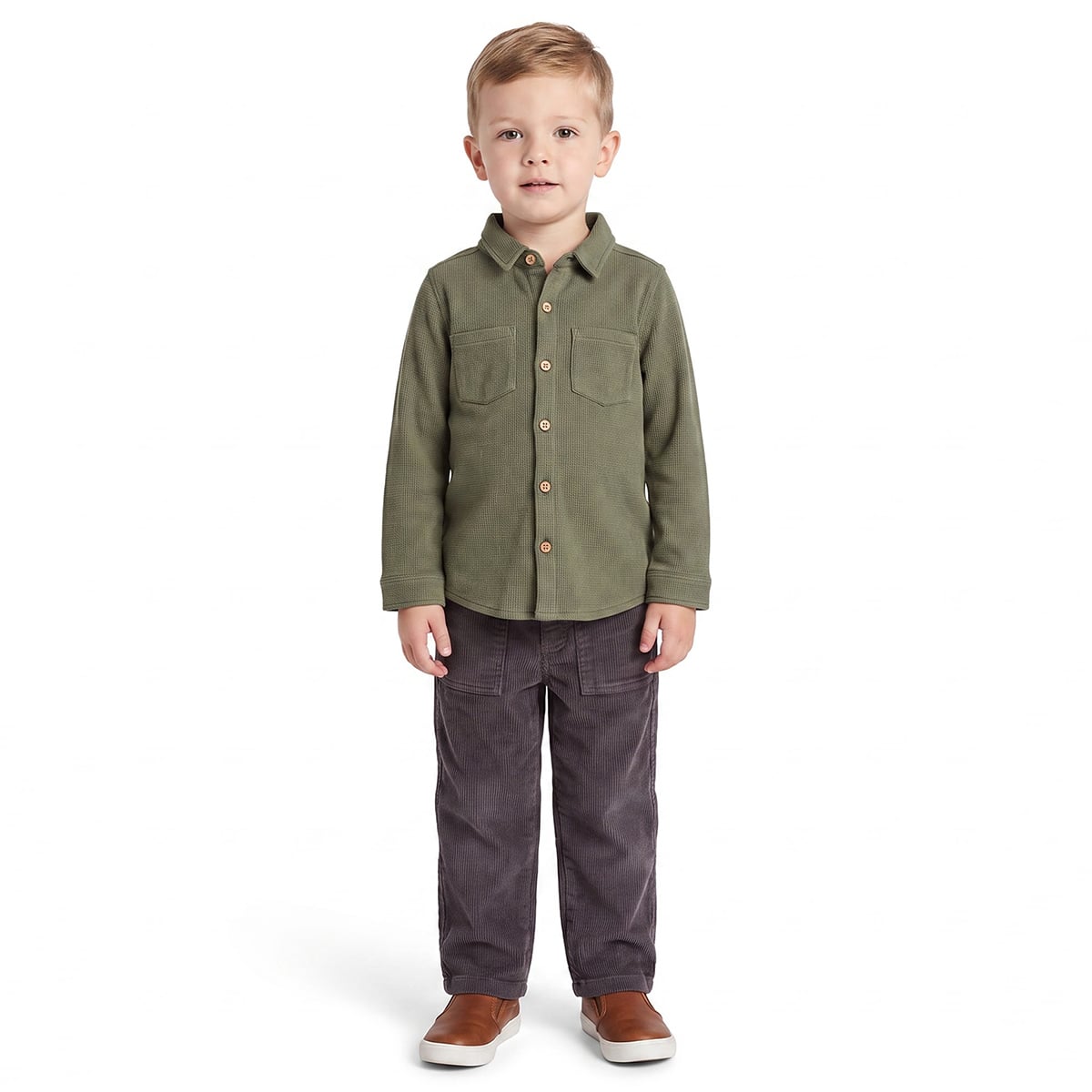 Boys Olive Green Cotton Textured Shirt Full Sleeve Casual Wear