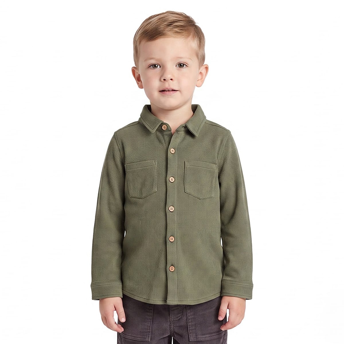 Boys Olive Green Cotton Textured Shirt Full Sleeve Casual Wear