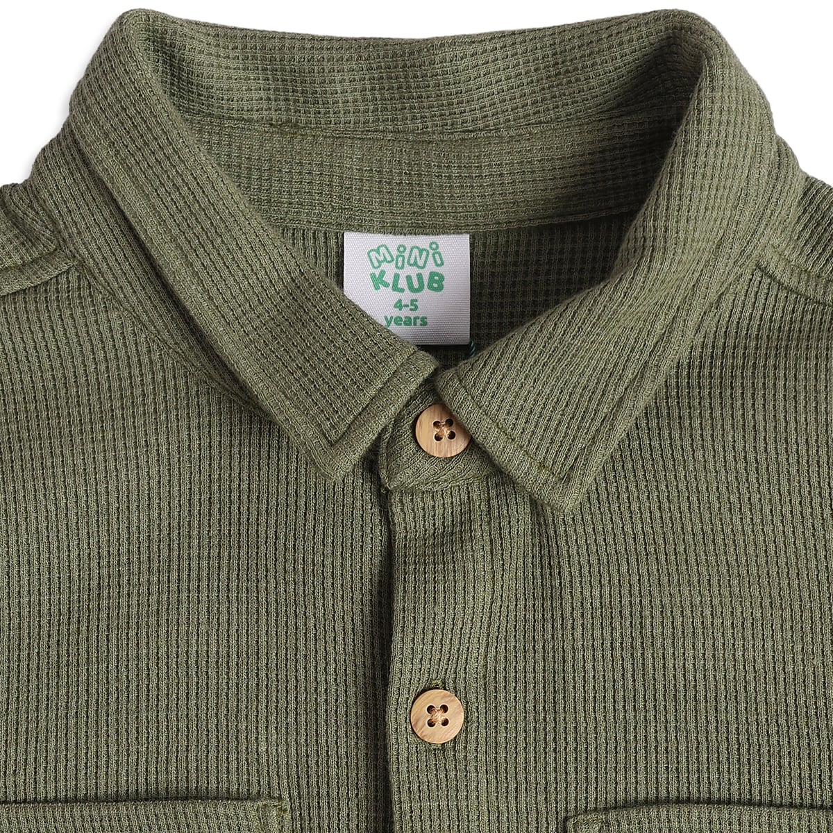 Boys Olive Green Cotton Textured Shirt Full Sleeve Casual Wear