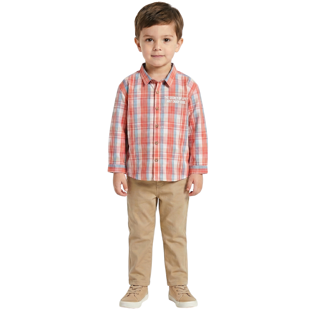 Baby Boys Navy Blue and Mustard Cotton Checked Shirt with Slogan Print
