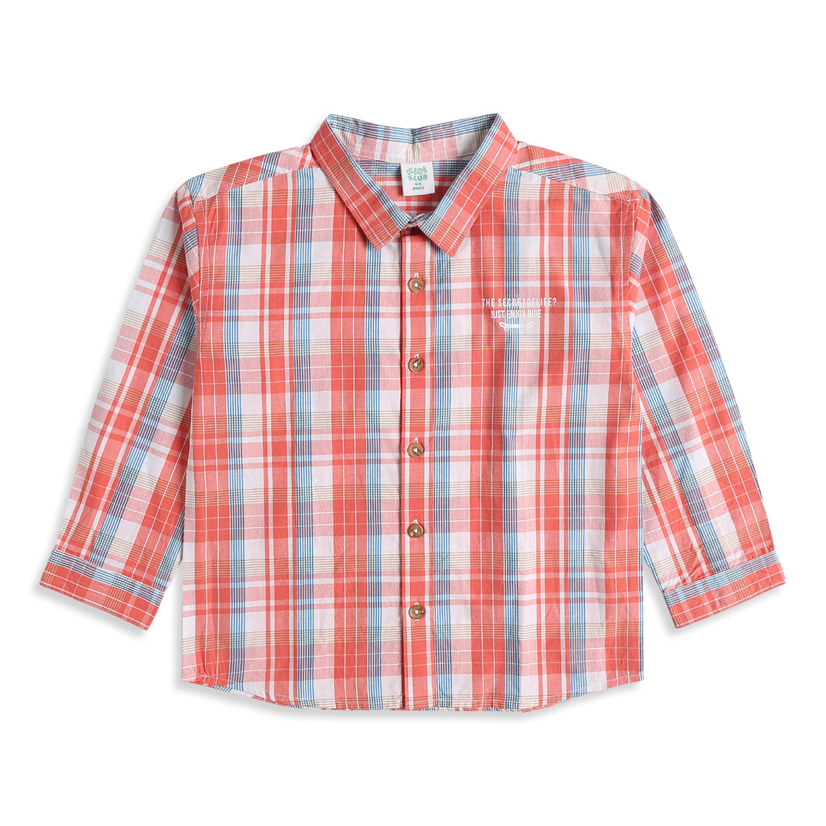 Baby Boys Navy Blue and Mustard Cotton Checked Shirt with Slogan Print