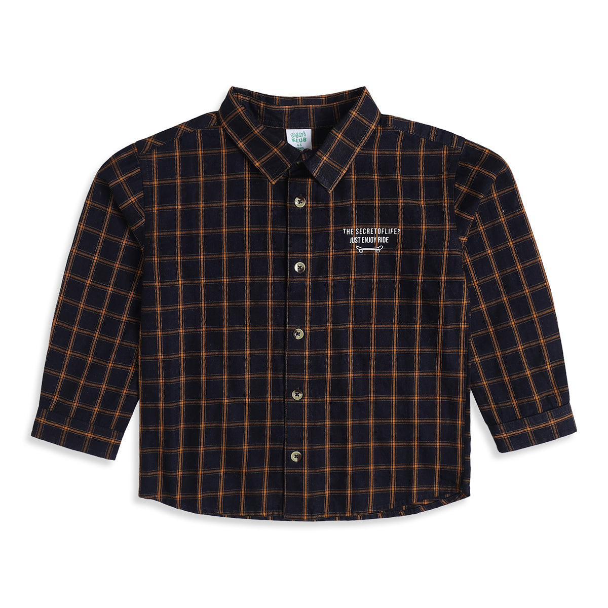 Baby Boys Navy Blue and Mustard Cotton Checked Shirt with Slogan Print Regular Fit Casual Wear