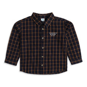 Baby Boys Navy Blue and Mustard Cotton Checked Shirt with Slogan Print Regular Fit Casual Wear