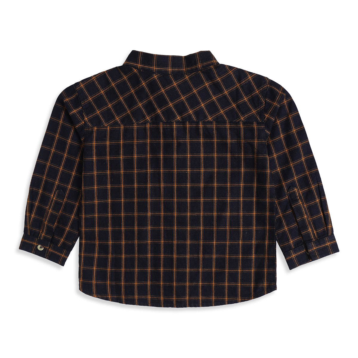 Baby Boys Navy Blue and Mustard Cotton Checked Shirt with Slogan Print Regular Fit Casual Wear