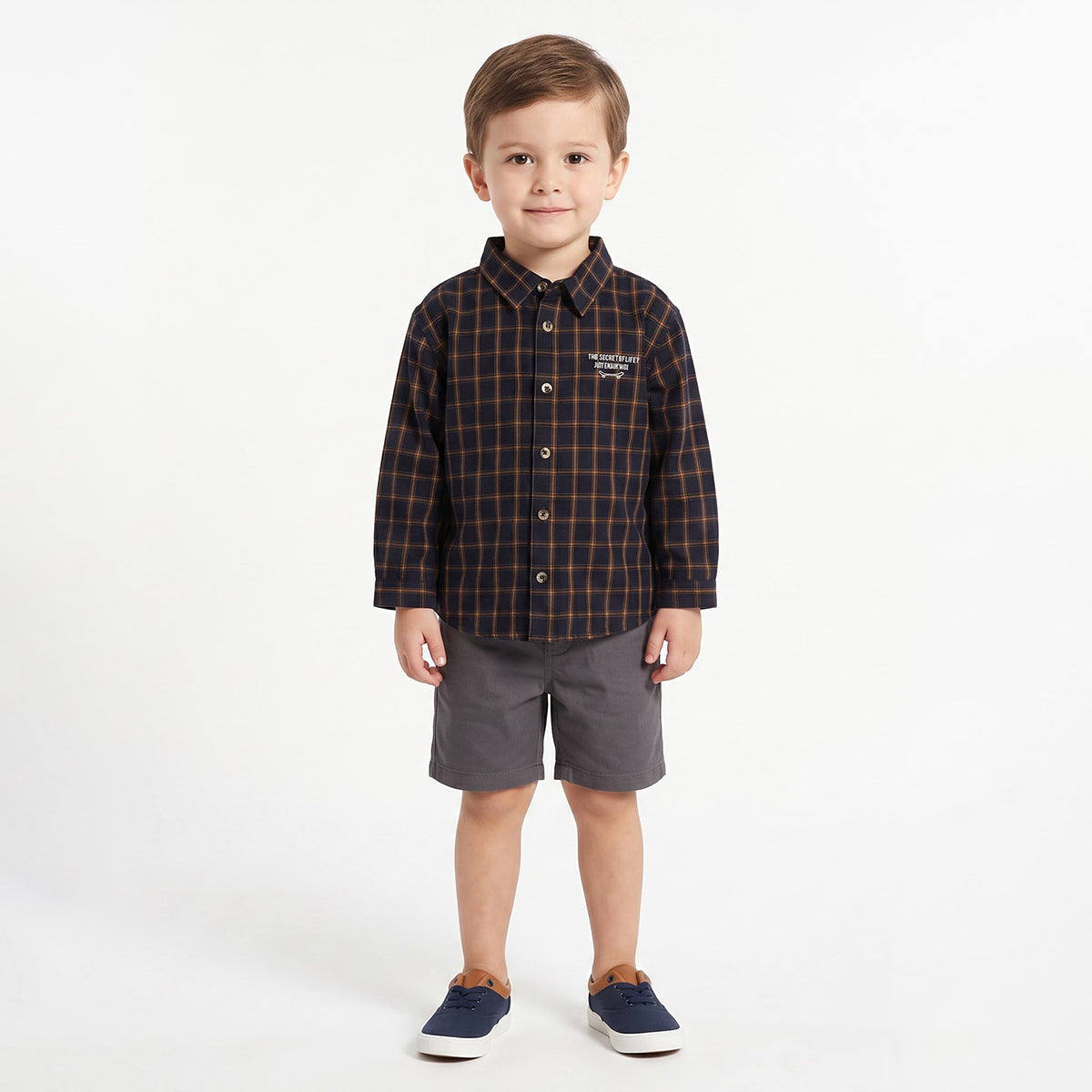 Baby Boys Navy Blue and Mustard Cotton Checked Shirt with Slogan Print Regular Fit Casual Wear