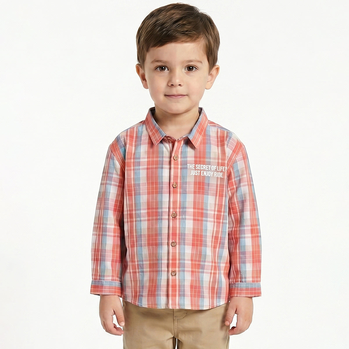 Baby Boys Navy Blue and Mustard Cotton Checked Shirt with Slogan Print