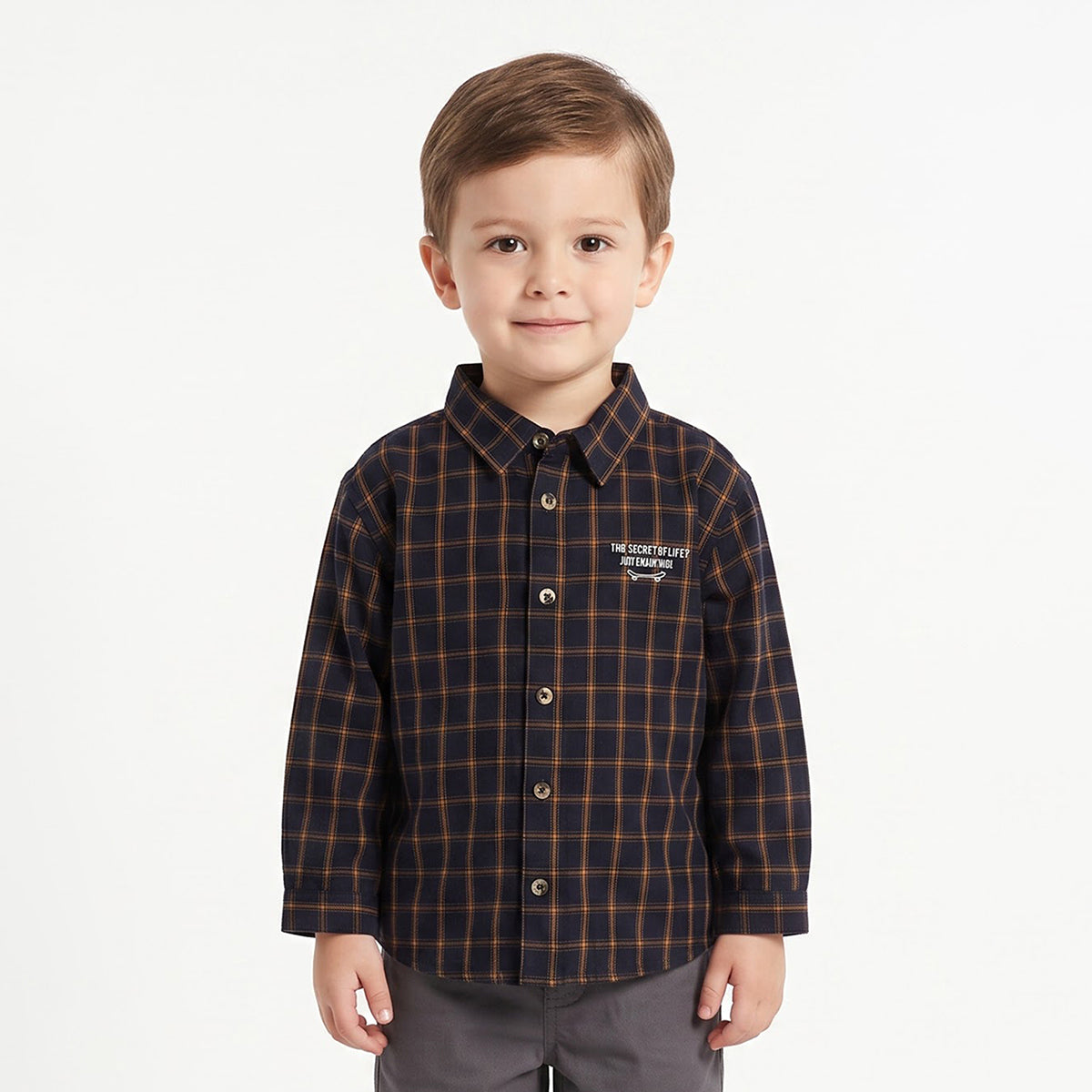 Baby Boys Navy Blue and Mustard Cotton Checked Shirt with Slogan Print Regular Fit Casual Wear