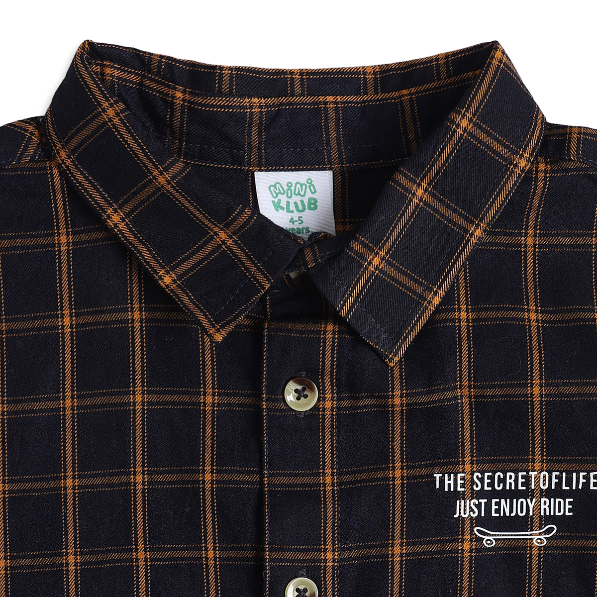 Baby Boys Navy Blue and Mustard Cotton Checked Shirt with Slogan Print Regular Fit Casual Wear