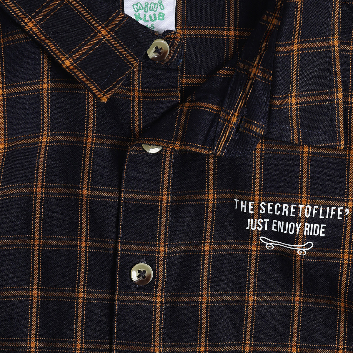 Baby Boys Navy Blue and Mustard Cotton Checked Shirt with Slogan Print Regular Fit Casual Wear