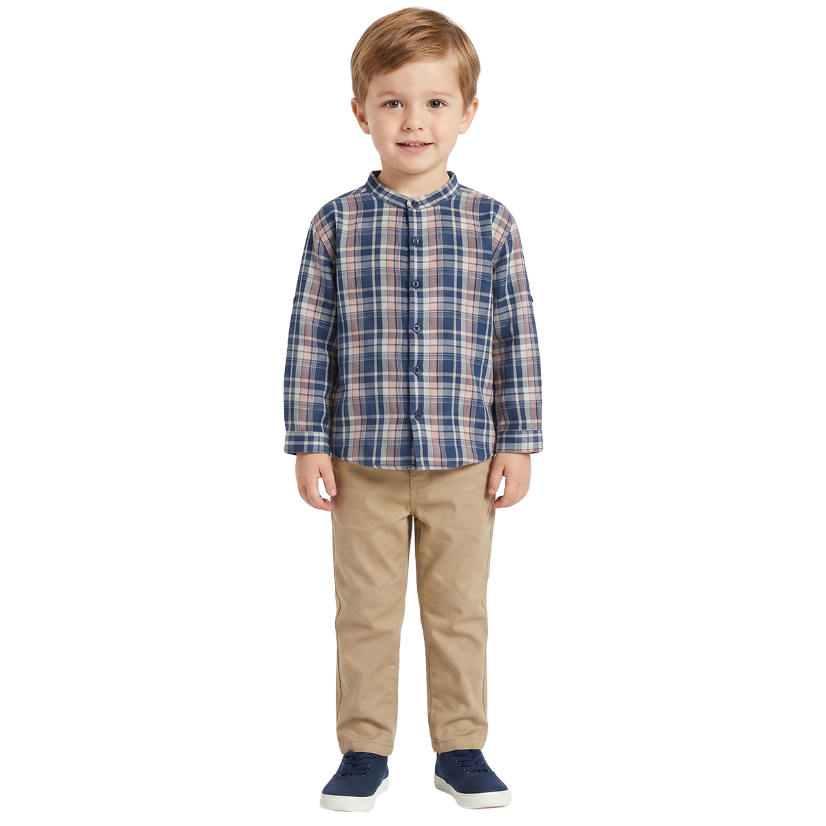 Boys Blue and Beige Checked Mandarin Collar Shirt Casual Everyday Wear