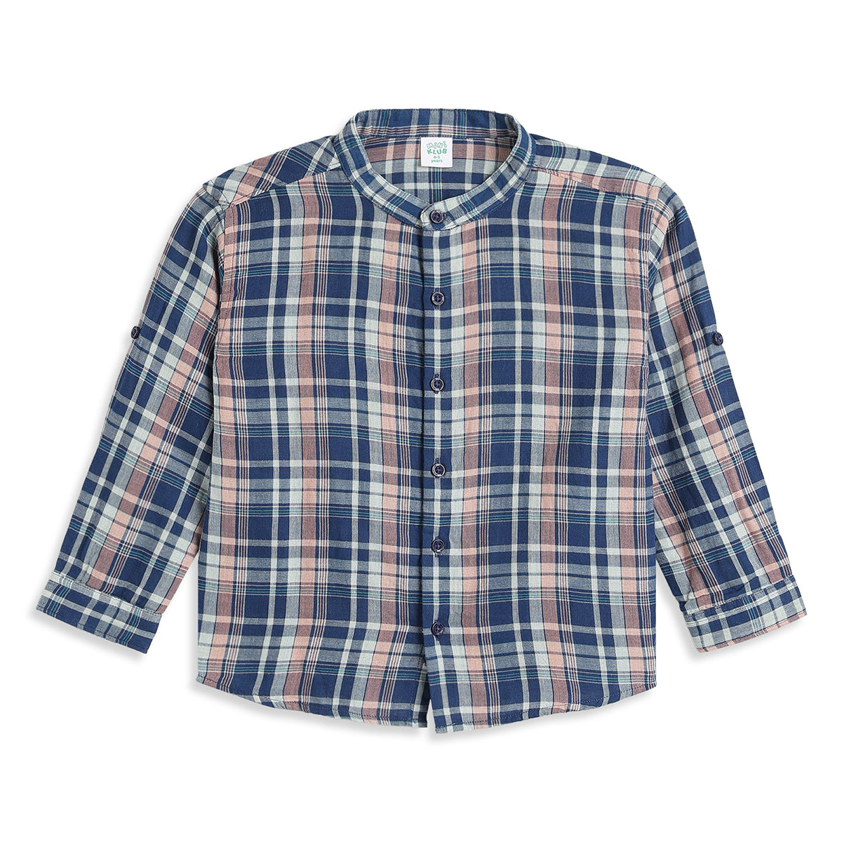 Boys Blue and Beige Cotton Checked Mandarin Collar Full Sleeve Shirt Casual Everyday Wear