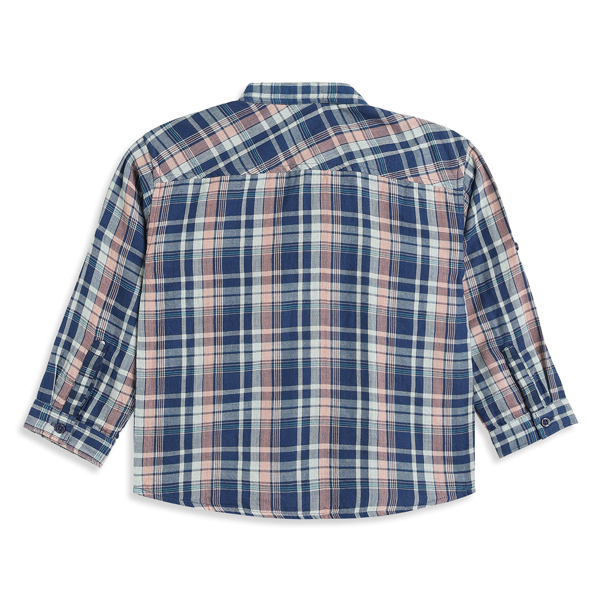 Boys Blue and Beige Cotton Checked Mandarin Collar Full Sleeve Shirt Casual Everyday Wear
