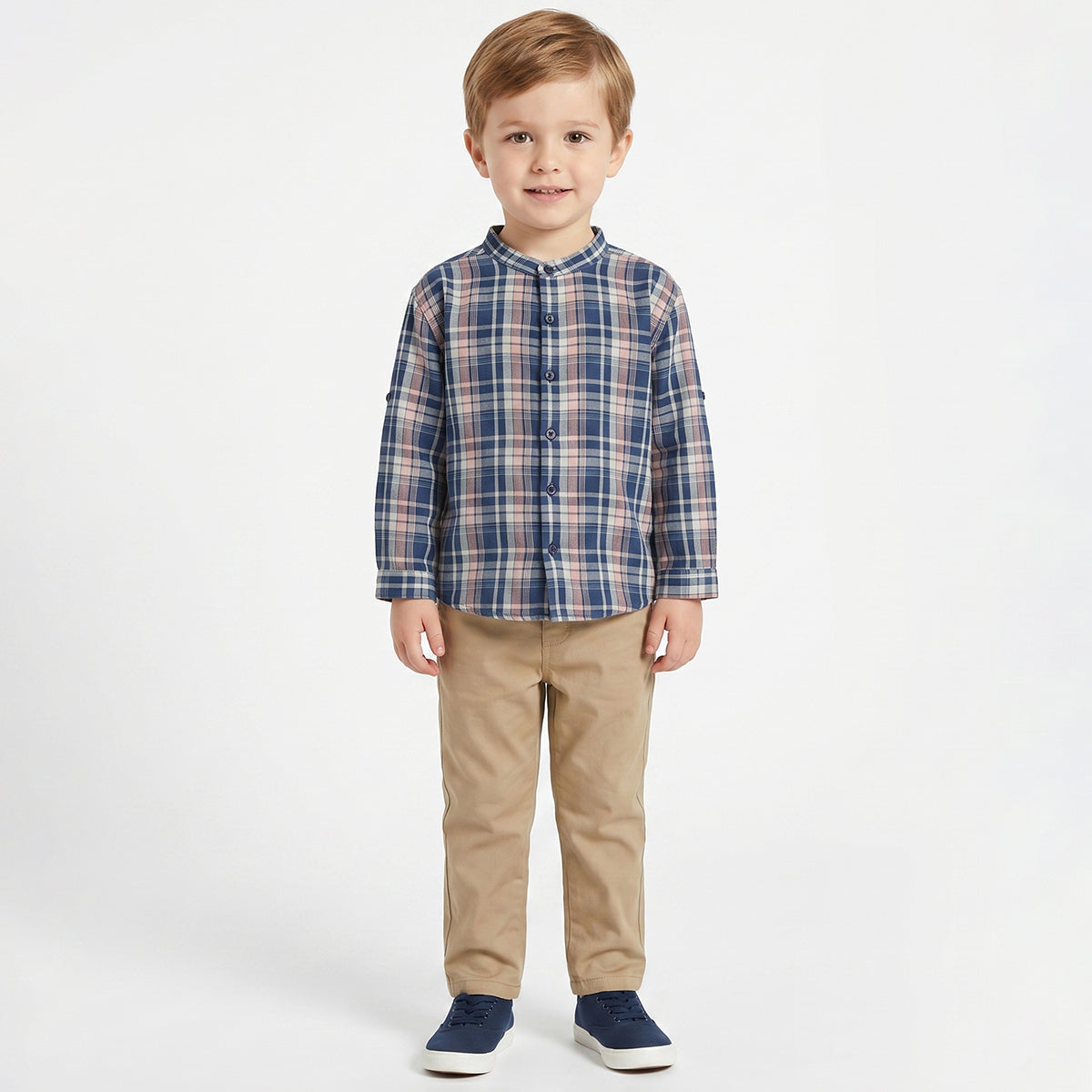 Boys Blue and Beige Cotton Checked Mandarin Collar Full Sleeve Shirt Casual Everyday Wear