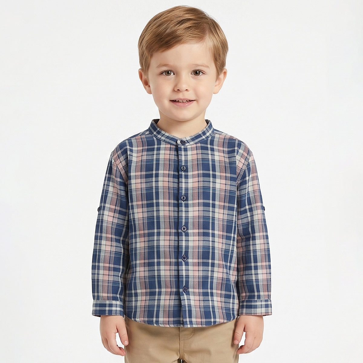 Boys Blue and Beige Cotton Checked Mandarin Collar Full Sleeve Shirt Casual Everyday Wear