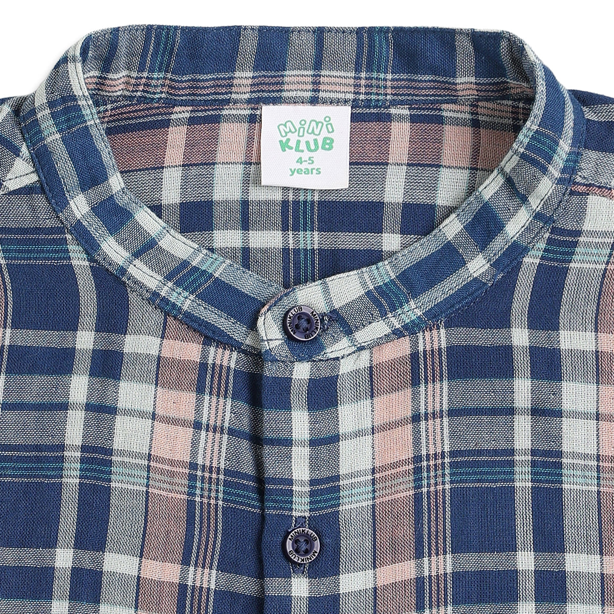Boys Blue and Beige Cotton Checked Mandarin Collar Full Sleeve Shirt Casual Everyday Wear