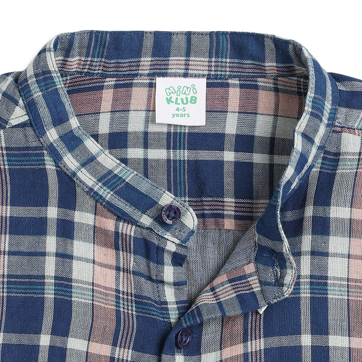 Boys Blue and Beige Cotton Checked Mandarin Collar Full Sleeve Shirt Casual Everyday Wear