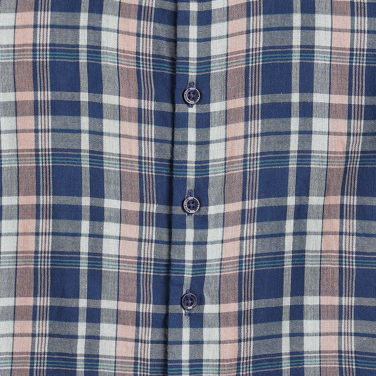 Boys Blue and Beige Cotton Checked Mandarin Collar Full Sleeve Shirt Casual Everyday Wear